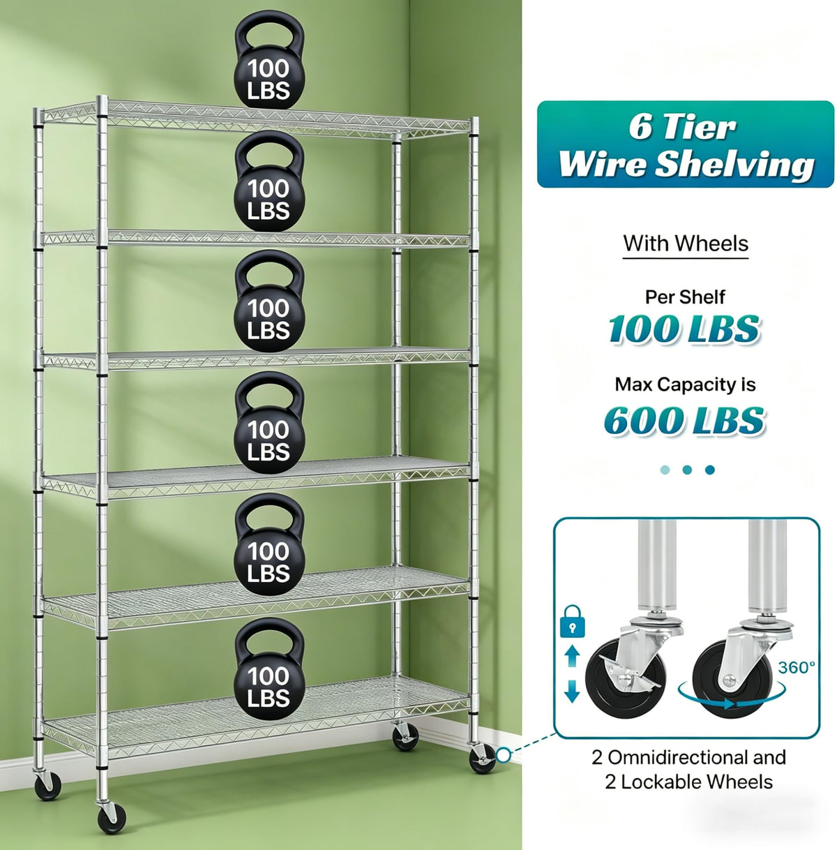 6-Tier Heavy Duty Steel Wire Shelving Unit with Wheels K1825