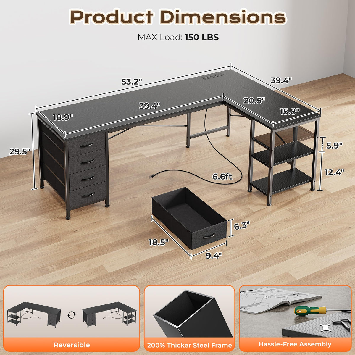 55 Inch L Shaped Desk with Fabric Drawers and Power Outlets N291040