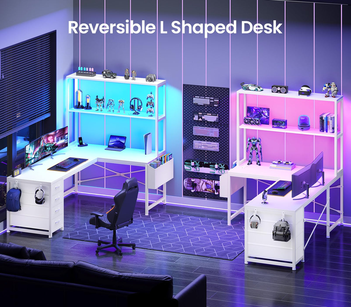 L Shaped Corner Desk with 4 Drawer, Power Outlet & LED Lights, White B821
