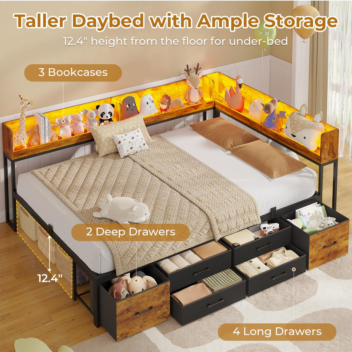 14 Inch Corner Bed Frame with Bookcase Storage, Full Daybed with 6 Drawers, Charging Station and LED Light, Black & Vintage Brown R20360