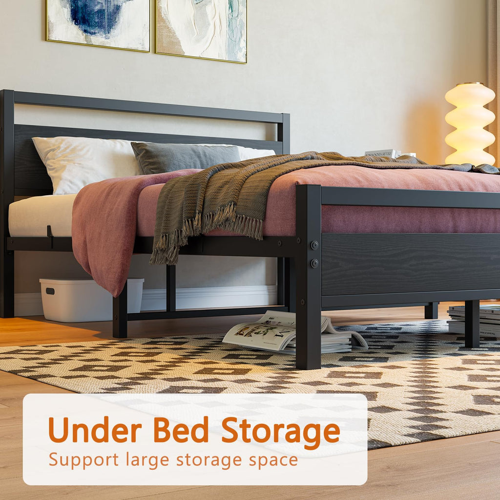 Black Full Size Bed Frame with Wood Headboard and Storage Q418524