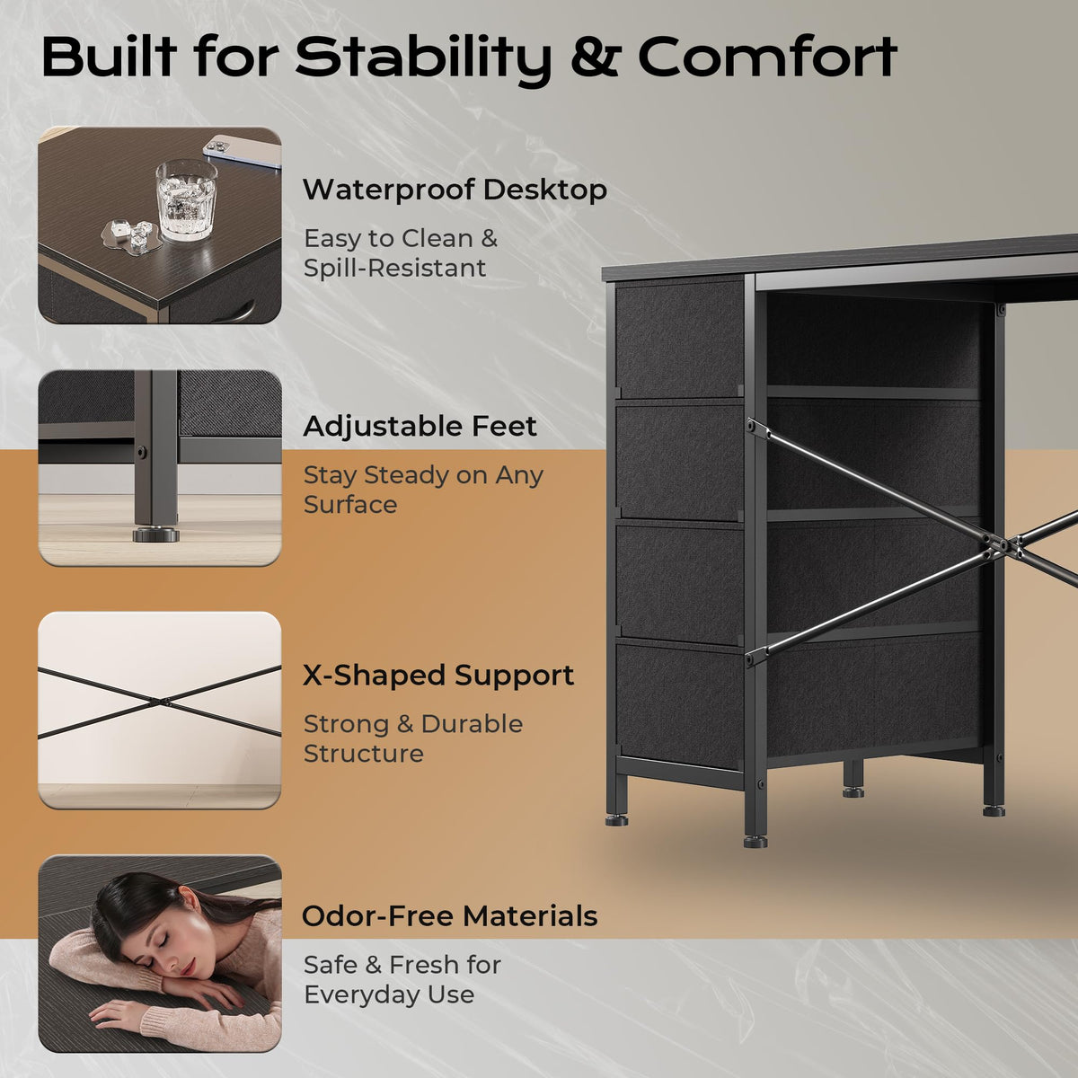 55 Inch L Shaped Desk with Fabric Drawers and Power Outlets N291040