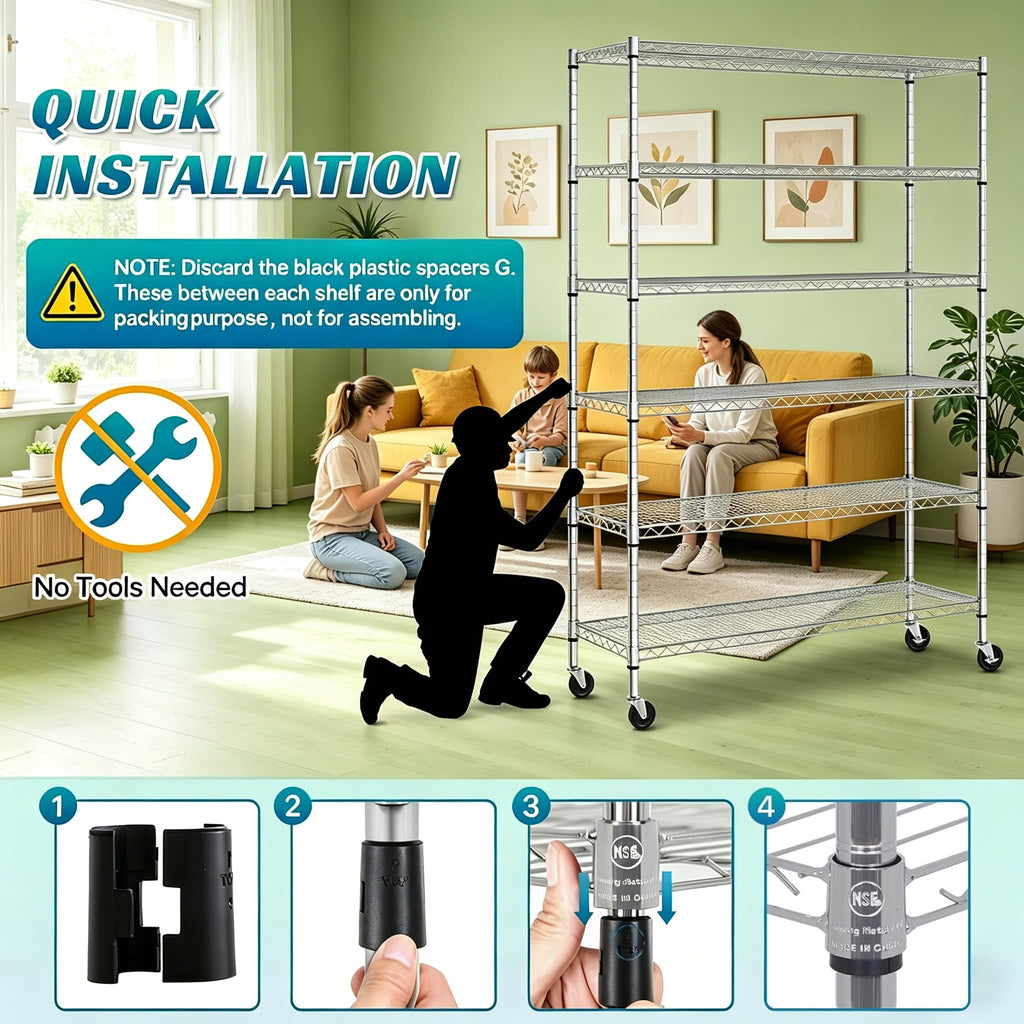 6-Tier Heavy Duty Steel Wire Shelving Unit with Wheels K1825