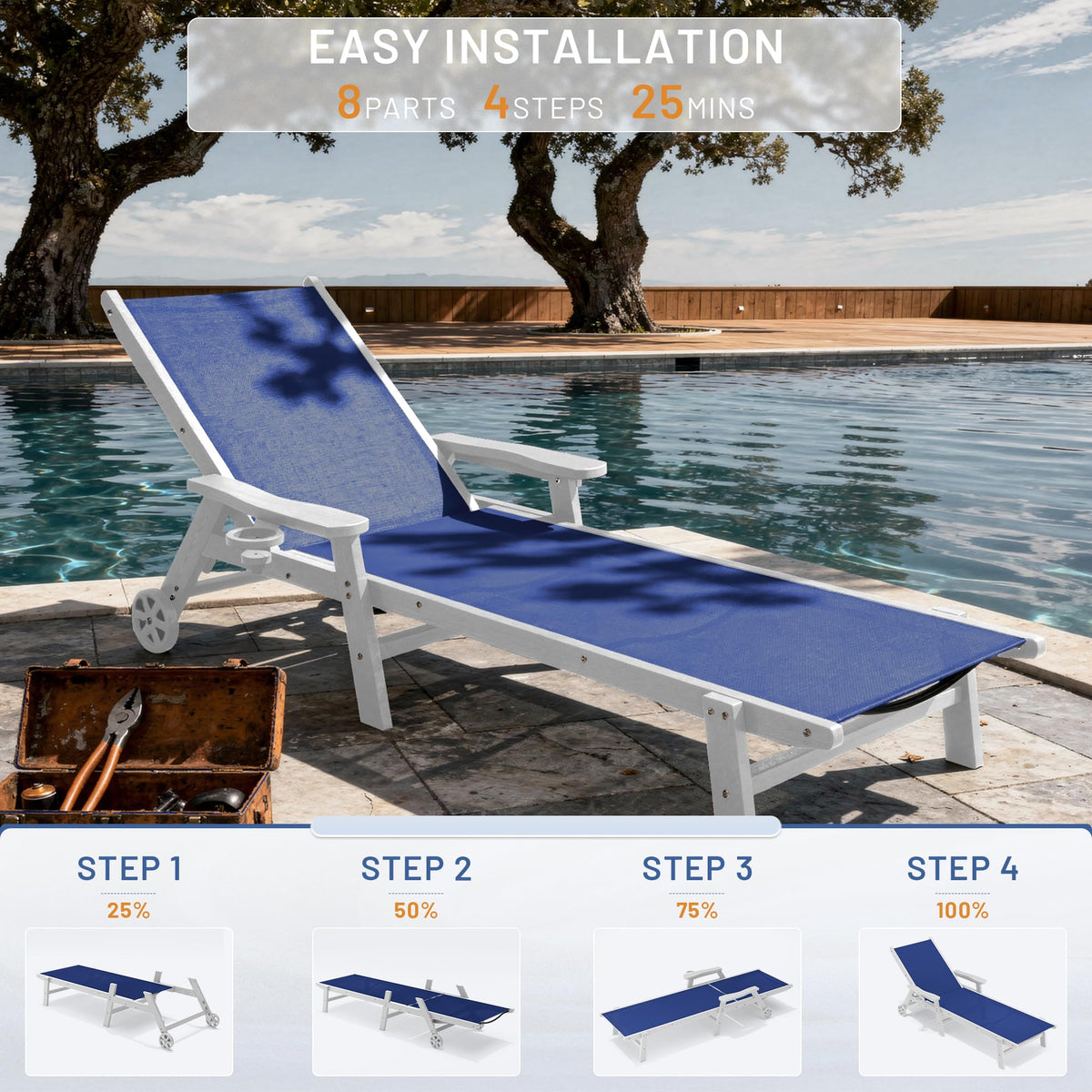Royal Blue Patio Chaise Lounge Chair Set of 2 with Cup Holder P60145