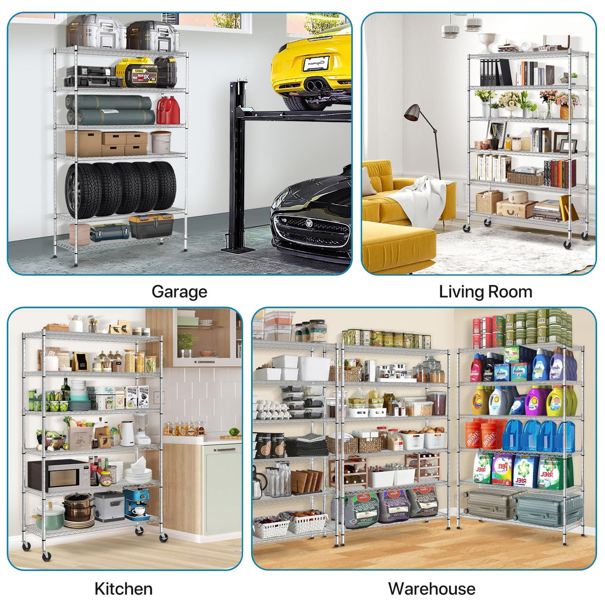 6-Tier Heavy Duty Steel Wire Shelving Unit with Wheels K1825