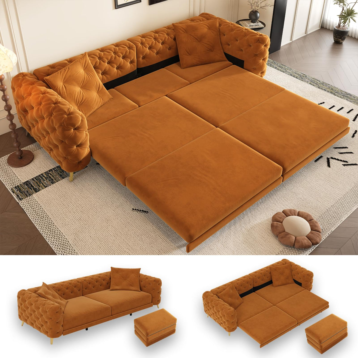 Orange Velvet 3 in 1 Convertible Sleeper Sofa V7939