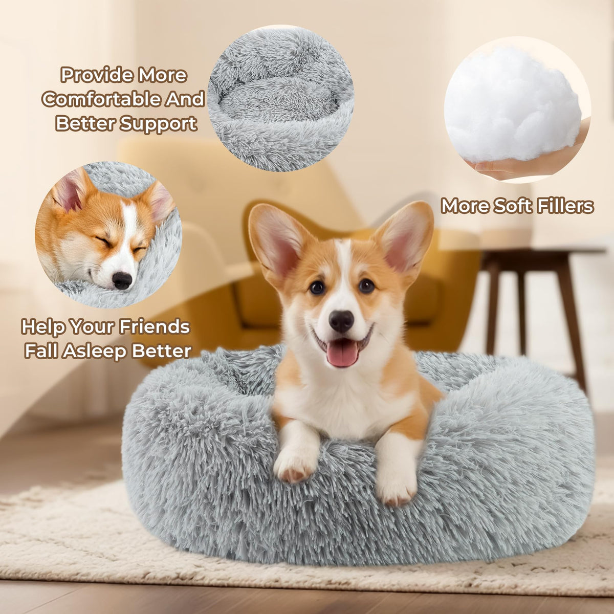 Round Fluffy Washable Anti-Anxiety Dog and Cat Bed E9120