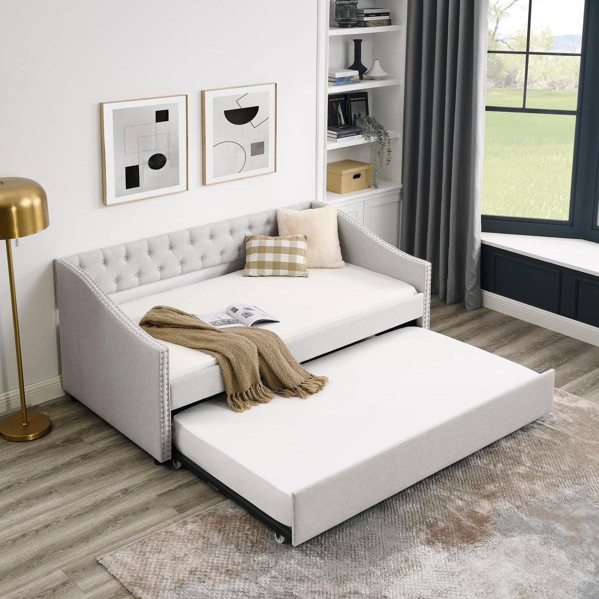 Upholstered Button Tufted Twin Size Daybed with Trundle B866