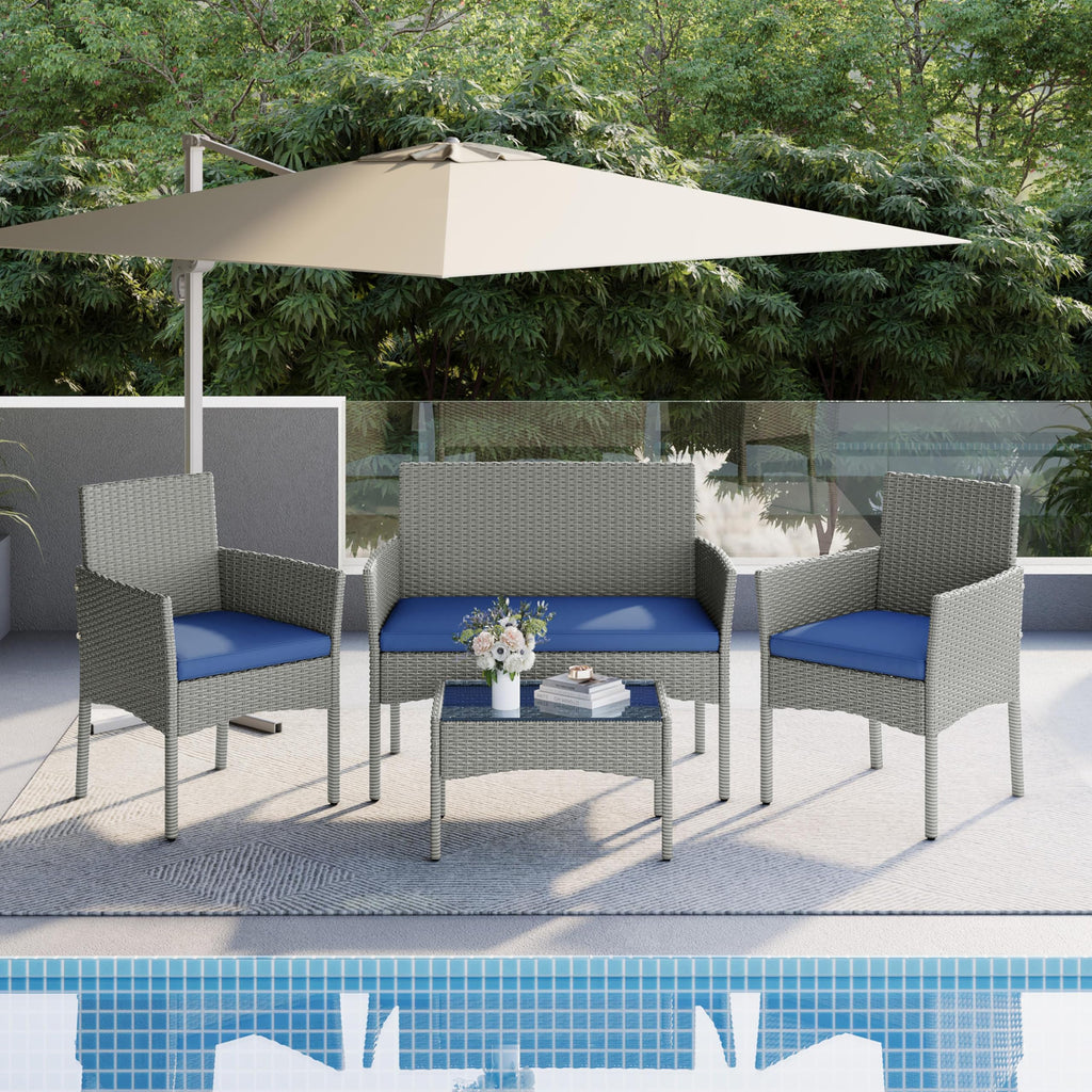 4 Pieces Rattan Wicker Patio Furniture Set with Cushion and Glass Table R14619