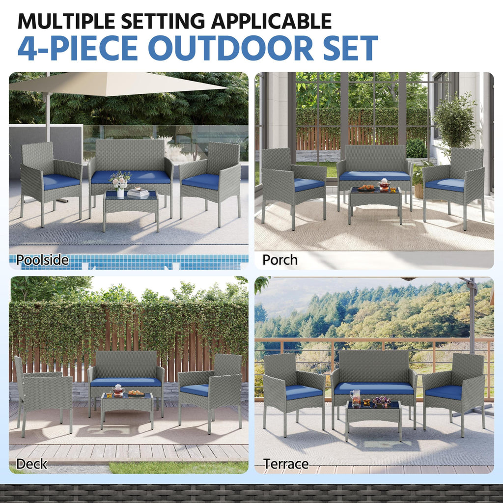 4 Pieces Rattan Wicker Patio Furniture Set with Cushion and Glass Table R14619