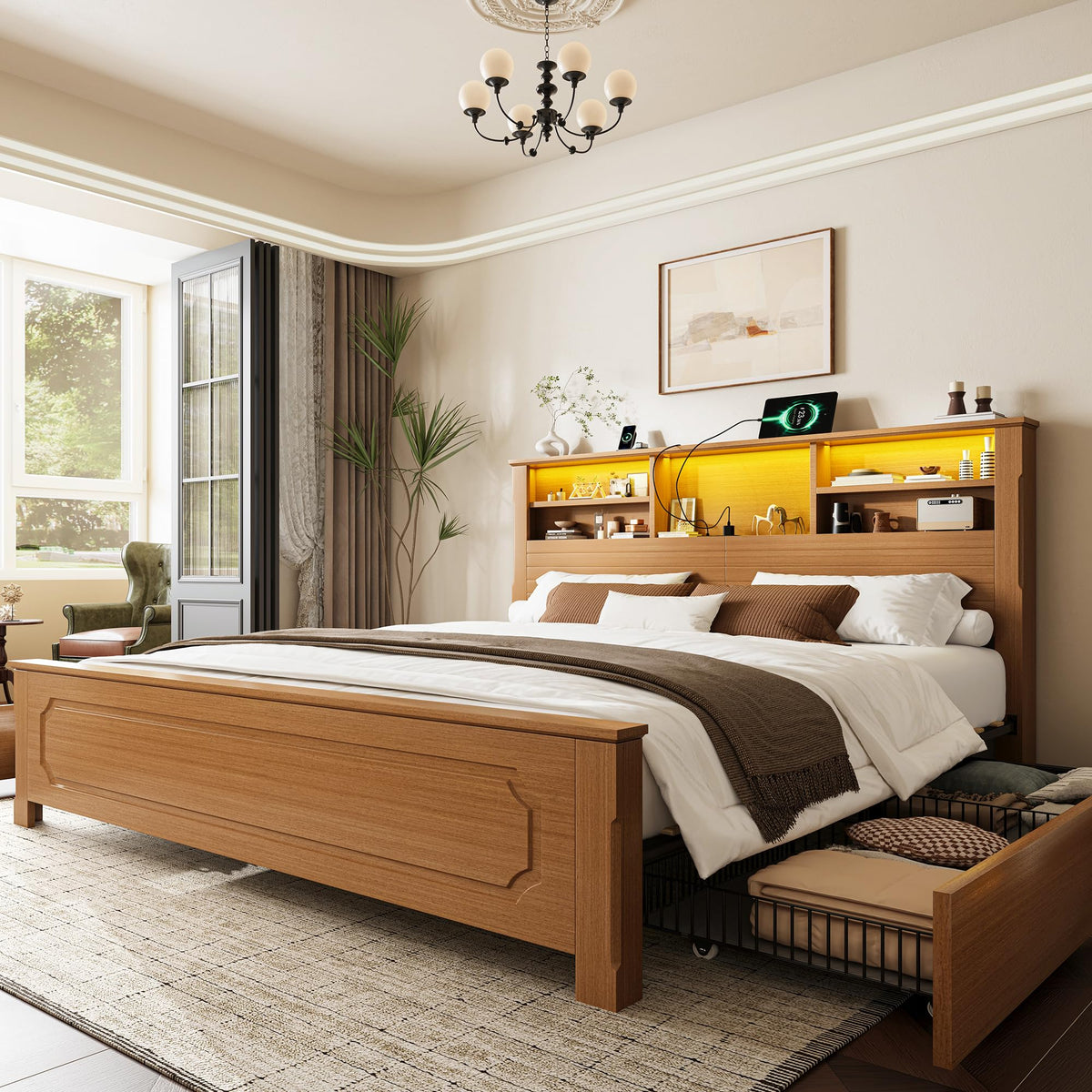 King Bed Frame with Headboard and Storage 4 Drawers Brown Y640