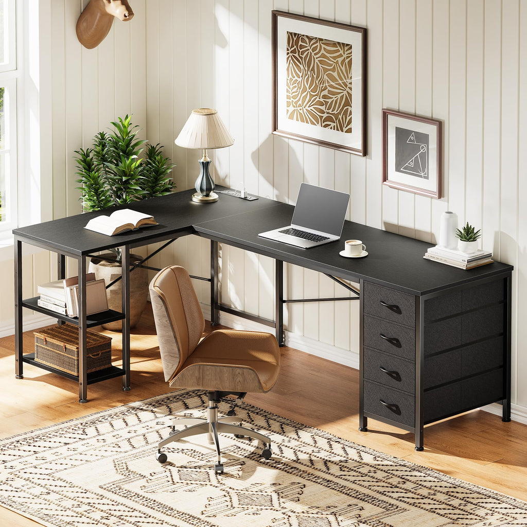55 Inch L Shaped Desk with Fabric Drawers and Power Outlets N291040