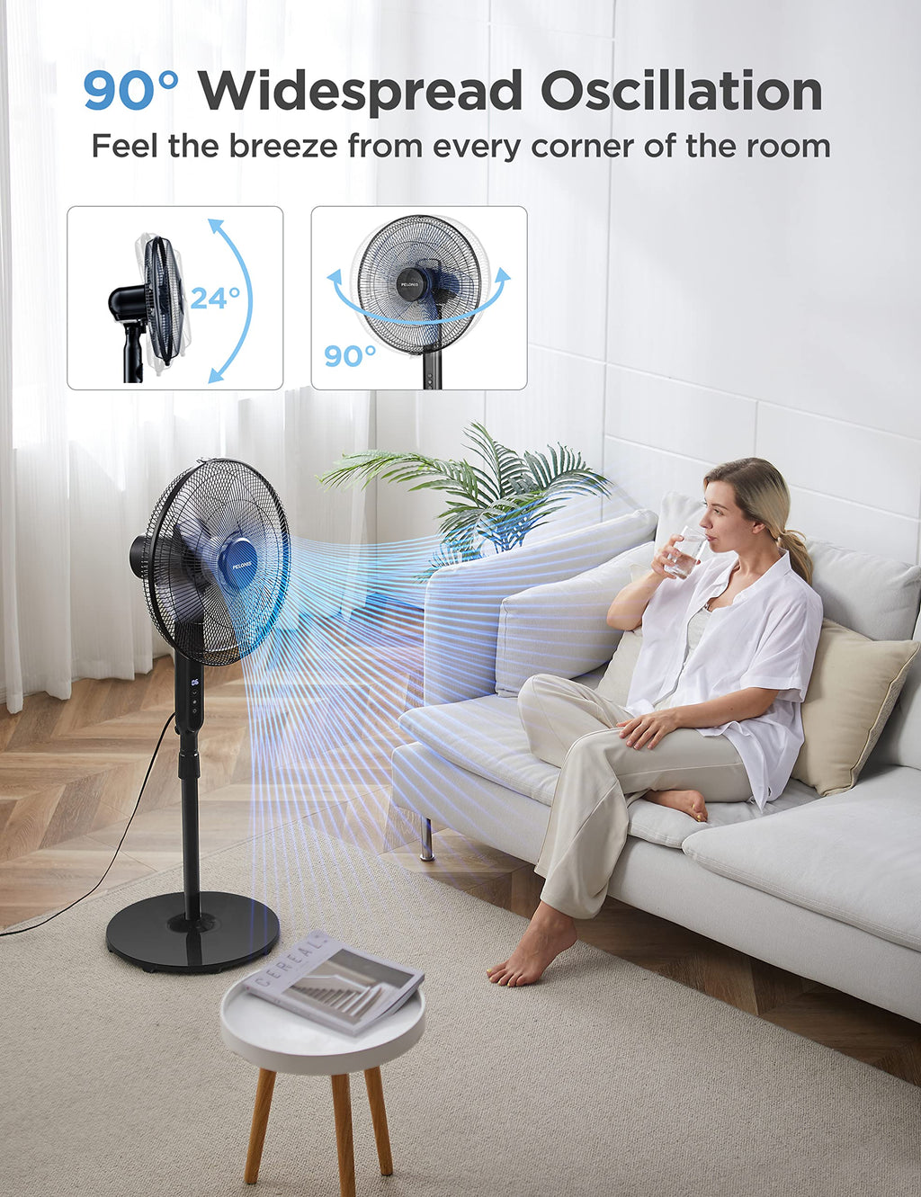 16" Oscillating Pedestal Stand Up Fan, Adjustable Height, Ultra Quiet DC Motor, Remote Control, 12 Speed, Black Y9842
