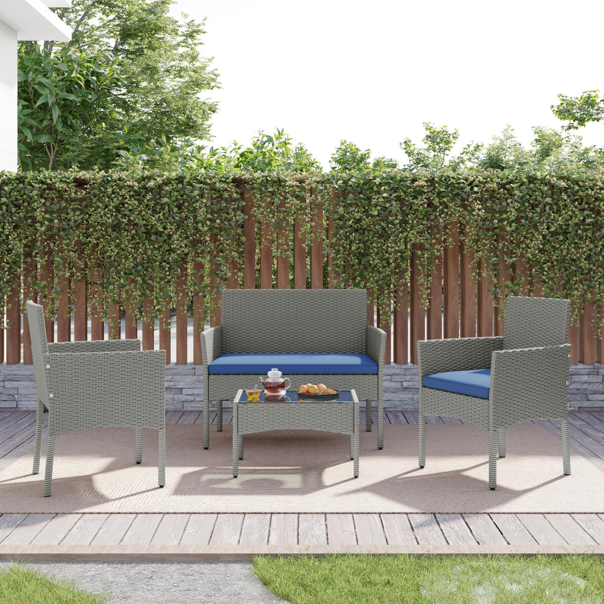 4 Pieces Rattan Wicker Patio Furniture Set with Cushion and Glass Table R14619