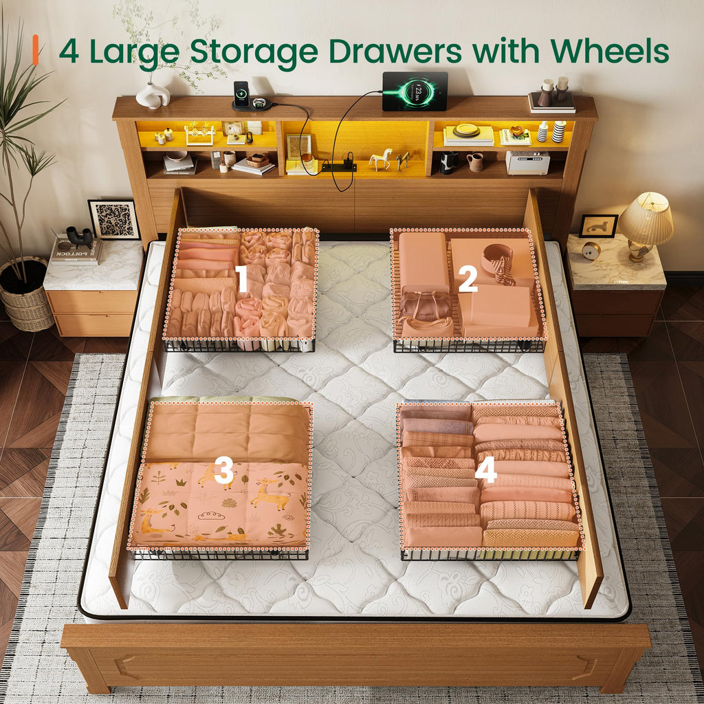 King Bed Frame with Headboard and Storage 4 Drawers Brown Y640