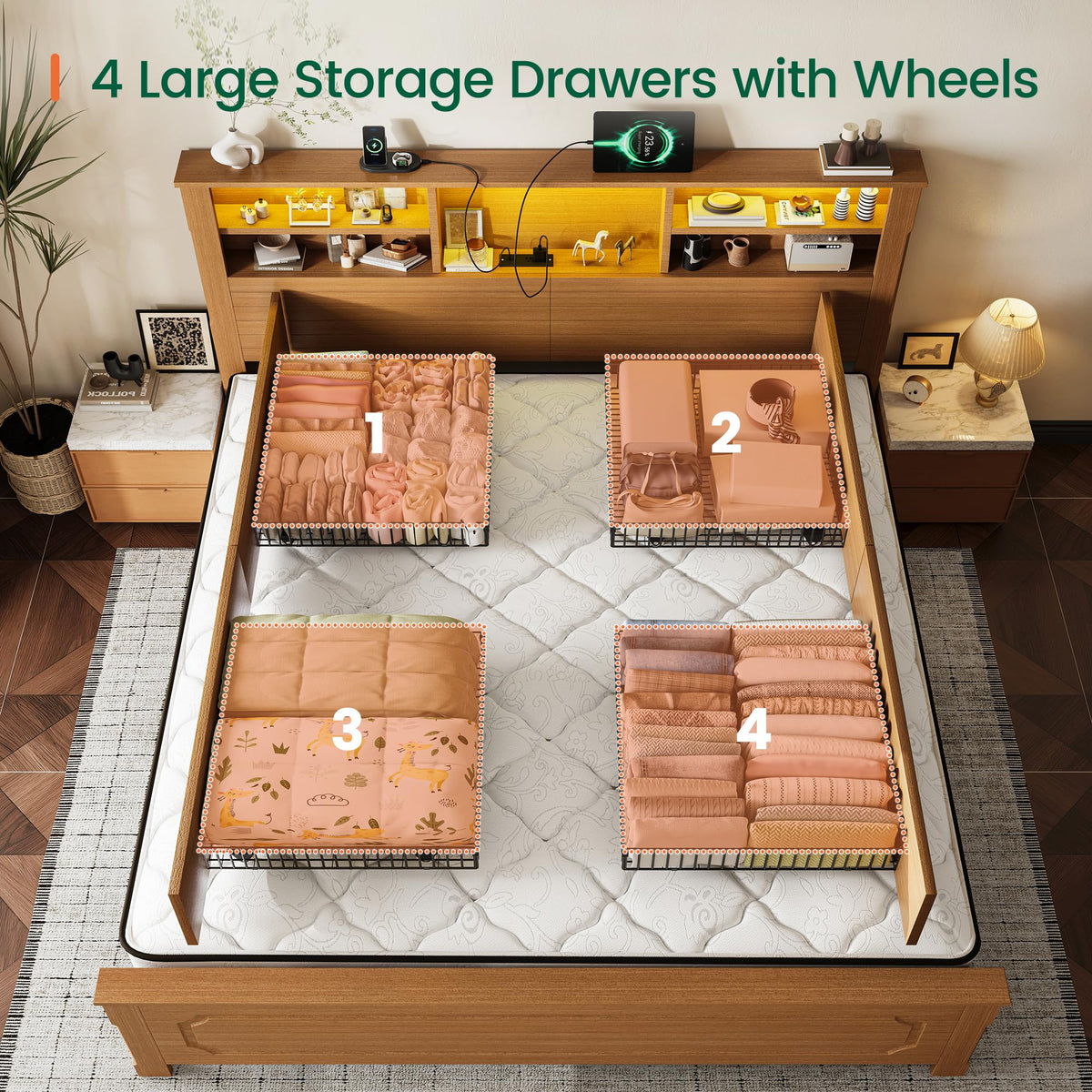 King Bed Frame with Headboard and Storage 4 Drawers Brown Y640