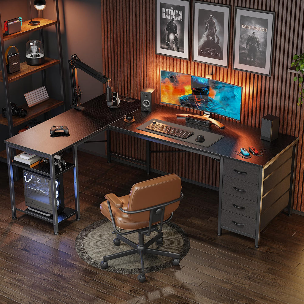 55 Inch L Shaped Desk with Fabric Drawers and Power Outlets N291040