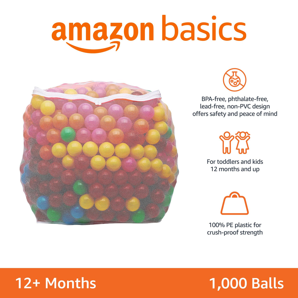 BPA Free Crush-Proof Plastic Ball Pit Balls with Storage Bag, 6 Bright Colors, Pack of 1000 L55565