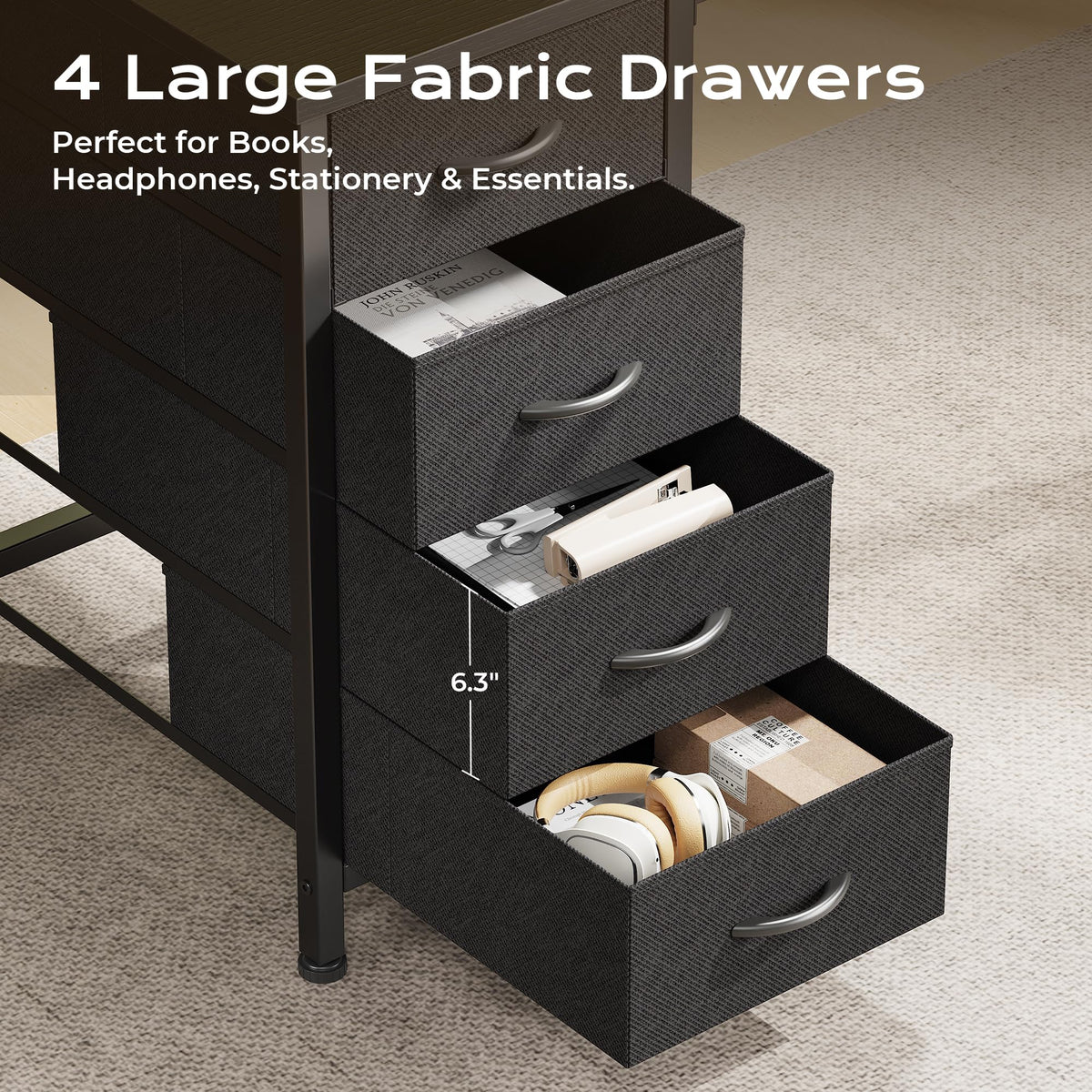 55 Inch L Shaped Desk with Fabric Drawers and Power Outlets N291040