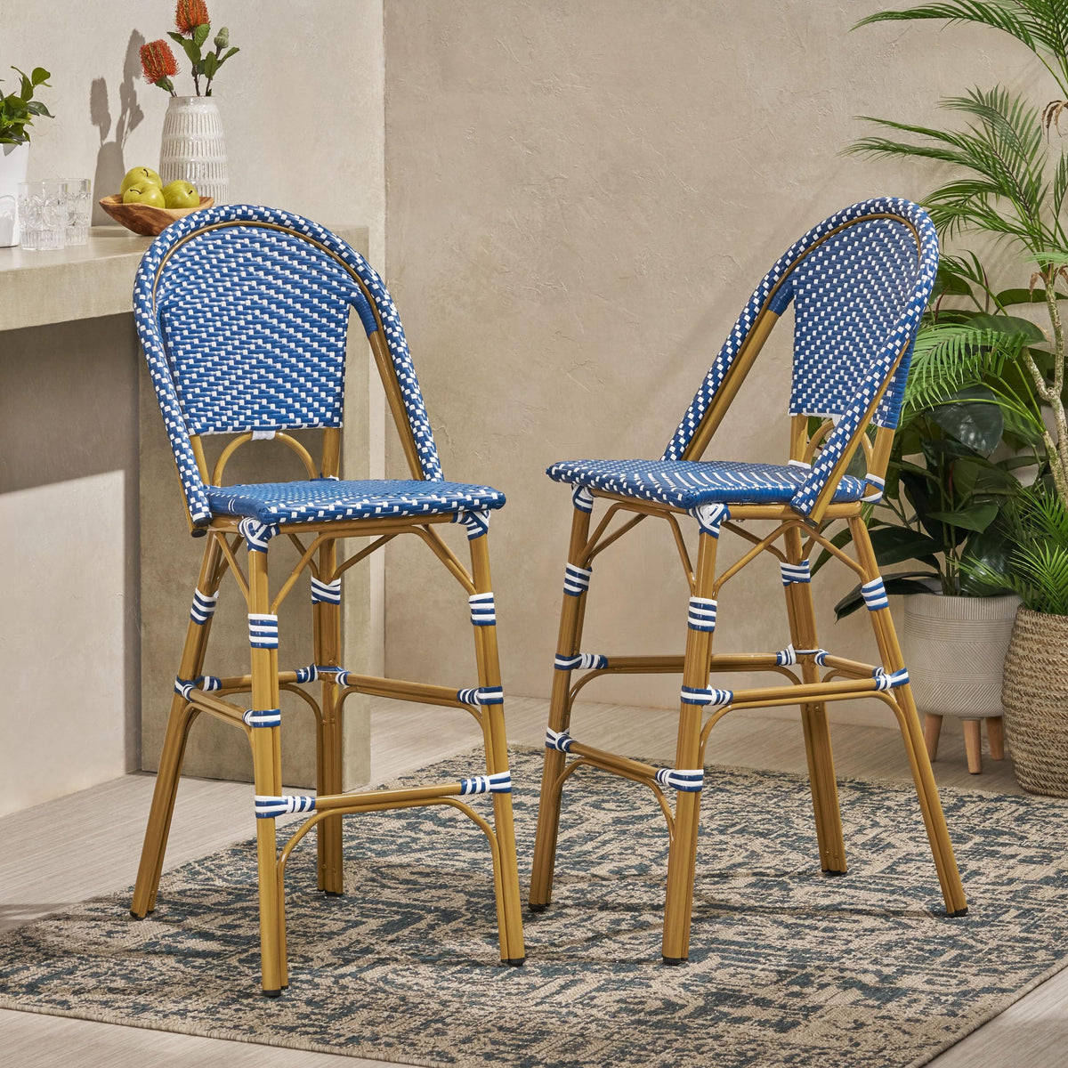 Set of 2 Teal Blue White Bar Stool with Aluminum J13743