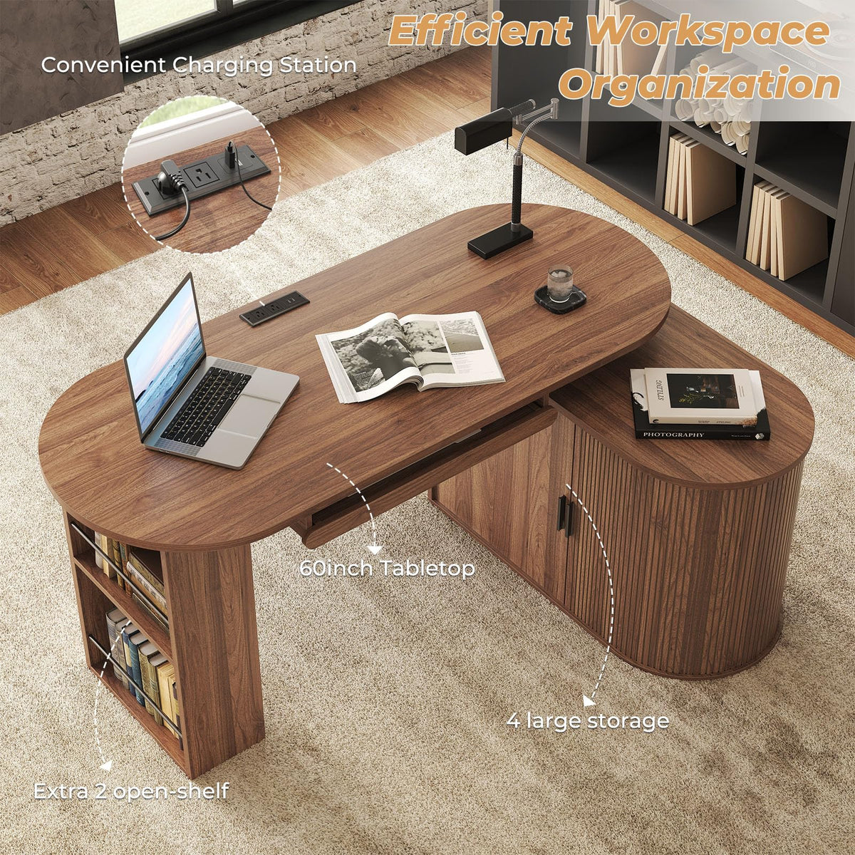 L Shaped Corner Desk with Storage Cabinet Walnut 60 Inch V17503