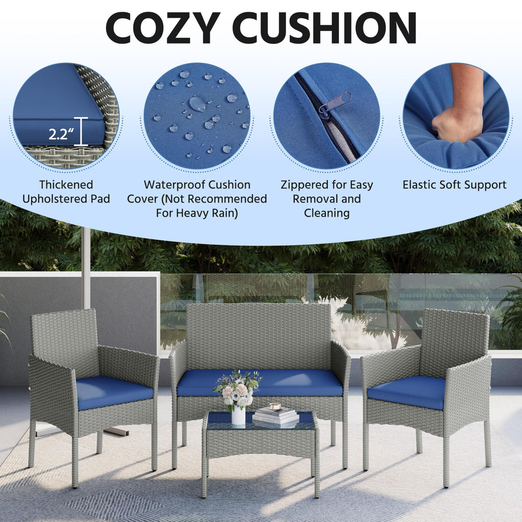 4 Pieces Rattan Wicker Patio Furniture Set with Cushion and Glass Table R14619