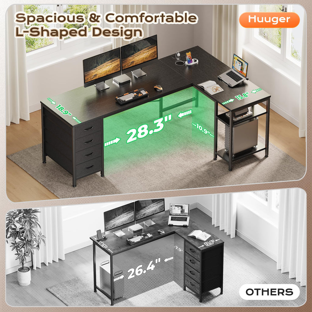 55 Inch L Shaped Desk with Fabric Drawers and Power Outlets N291040