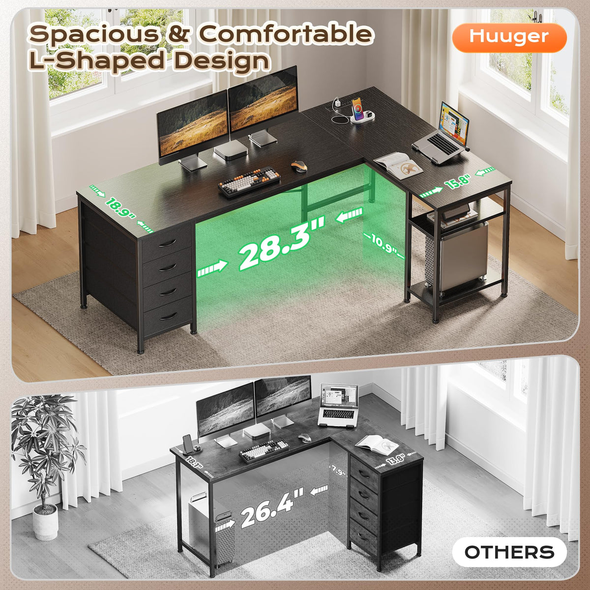55 Inch L Shaped Desk with Fabric Drawers and Power Outlets N291040